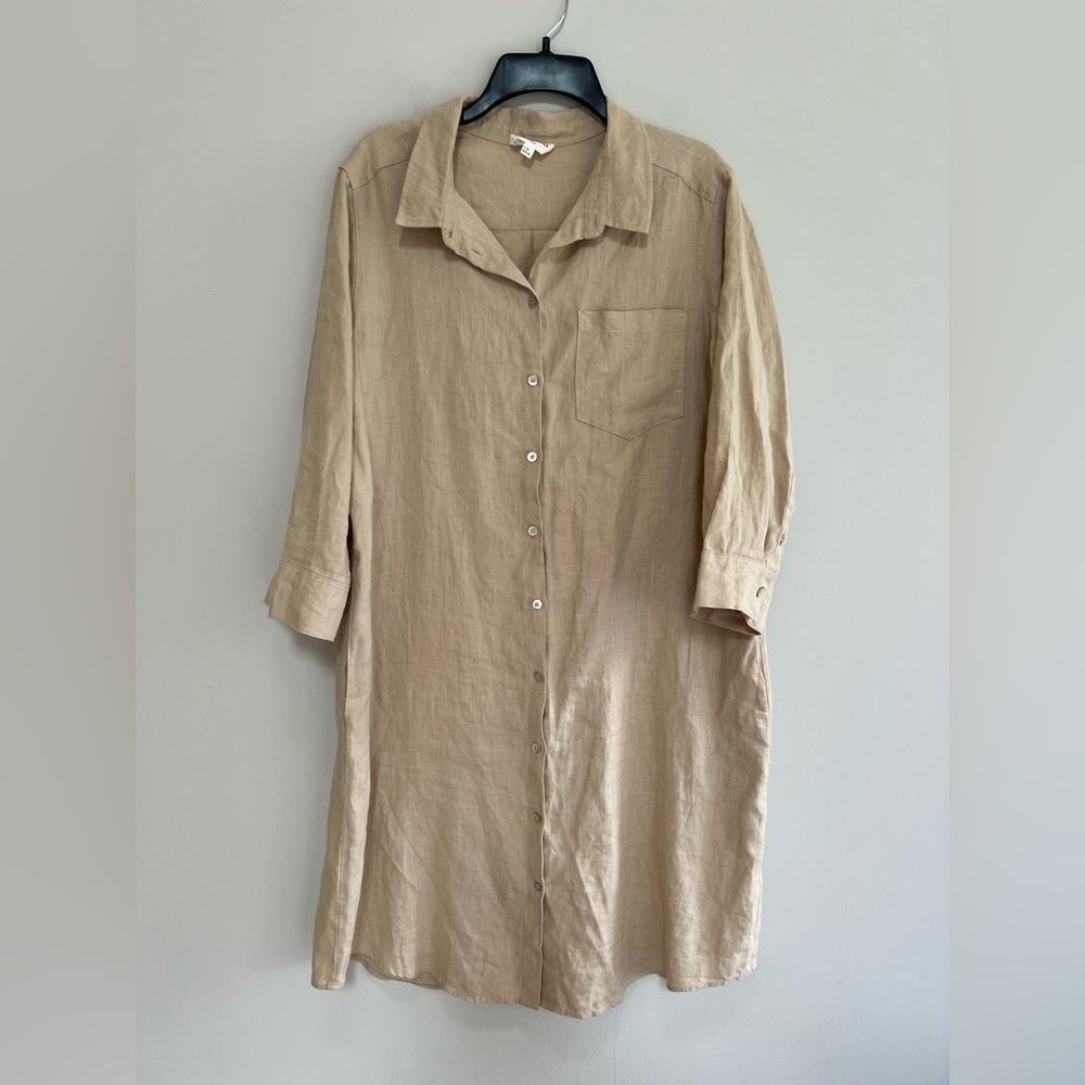 Maison 123 Linen Button Down 3/4 Sleeve Oversized Shirtdress Pockets Tan, US12